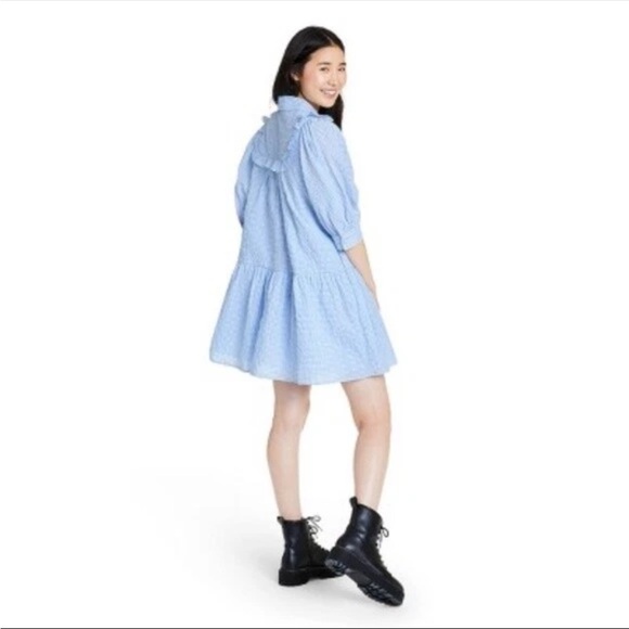 Sandy Liang Gingham Square Ruffle Yoke Botton Front Dress Tiered Coastal Cottage - Picture 5 of 13